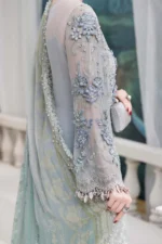 Maria B Chiffon Suit MPC-25-108 – Aqua to sea green chiffon embroidered with 3D florals | Unstitched 3PC, sleeves