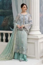 Maria B Chiffon Suit MPC-25-108 – Aqua to sea green chiffon embroidered with 3D florals | Unstitched 3PC, salwar kameez & dupatta, formal wear