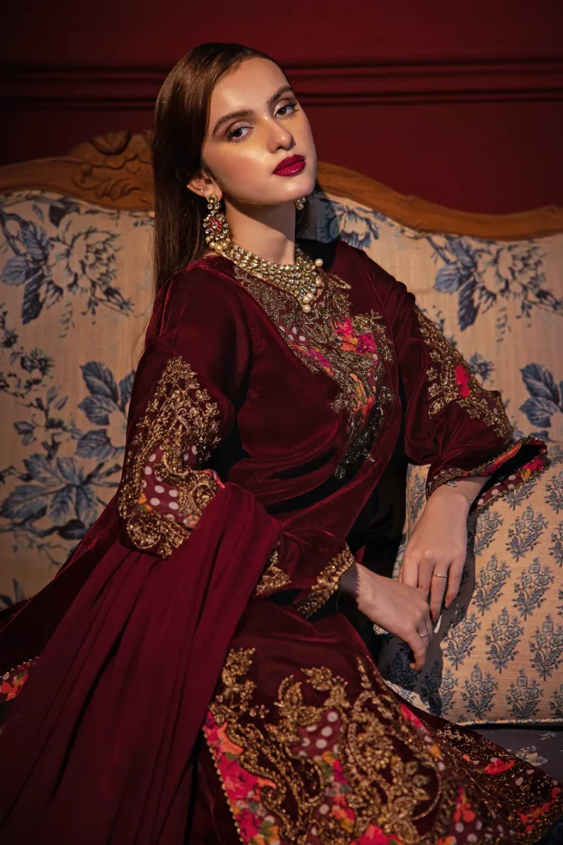 Different types and styles of Velvet Suit Designs 2 Charizma Signora Unstitched Premium red Velvet suit | CVT4-06, shop online at Zee Collections