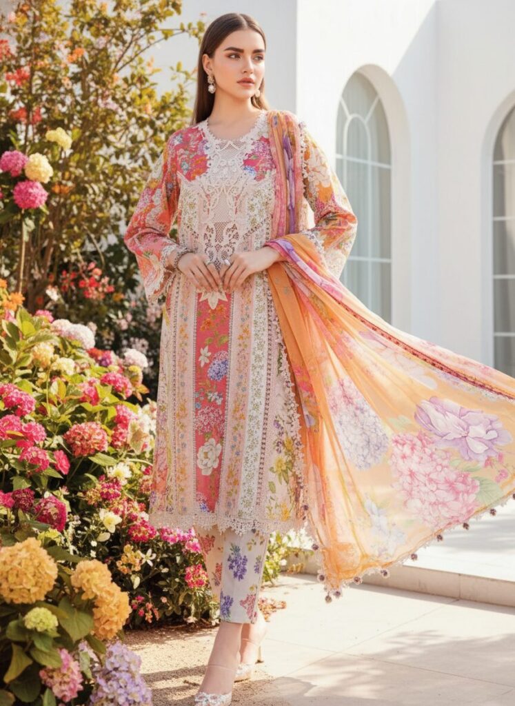 Maria B New Collection - MPrints Fall 2025 1 Model wearing floral embroidered outfit from Maria B new collection with pastel dupatta, styled in a vibrant garden setting.