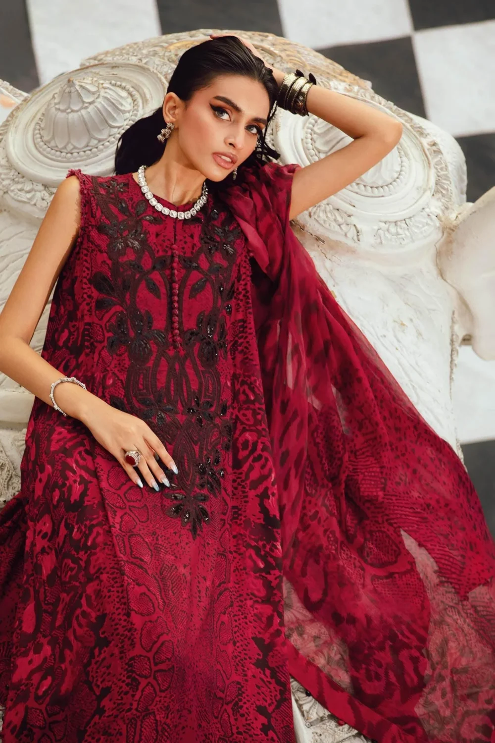 M.Prints Fall Edit MPT-2702-A – Beige & Black Linen Salwar Kameez & Dupatta, perfect for casual or office wear.
