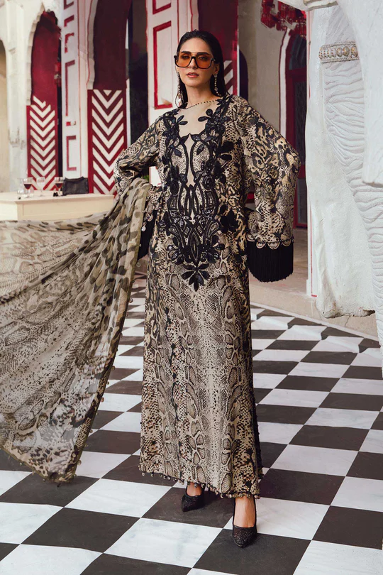 Maria B M.Prints Fall Edit 2025 embroidered linen salwar kameez and dupatta in beige & black