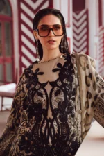 Maria B M.Prints Fall Edit 2025 embroidered linen salwar kameez and dupatta in beige & black
