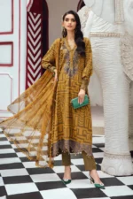Maria B M.Prints Fall Edit 2025 embroidered cambric salwar kameez and dupatta in mustard & green