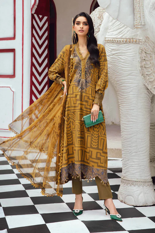 Maria B M.Prints Fall Edit 2025 embroidered cambric salwar kameez and dupatta in mustard & green