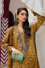 Maria B M.Prints Fall Edit 2025 embroidered cambric salwar kameez and dupatta in mustard & green