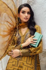 Maria B M.Prints Fall Edit 2025 embroidered cambric salwar kameez and dupatta in mustard & green
