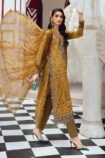 Maria B M.Prints Fall Edit 2025 embroidered cambric salwar kameez and dupatta in mustard & green