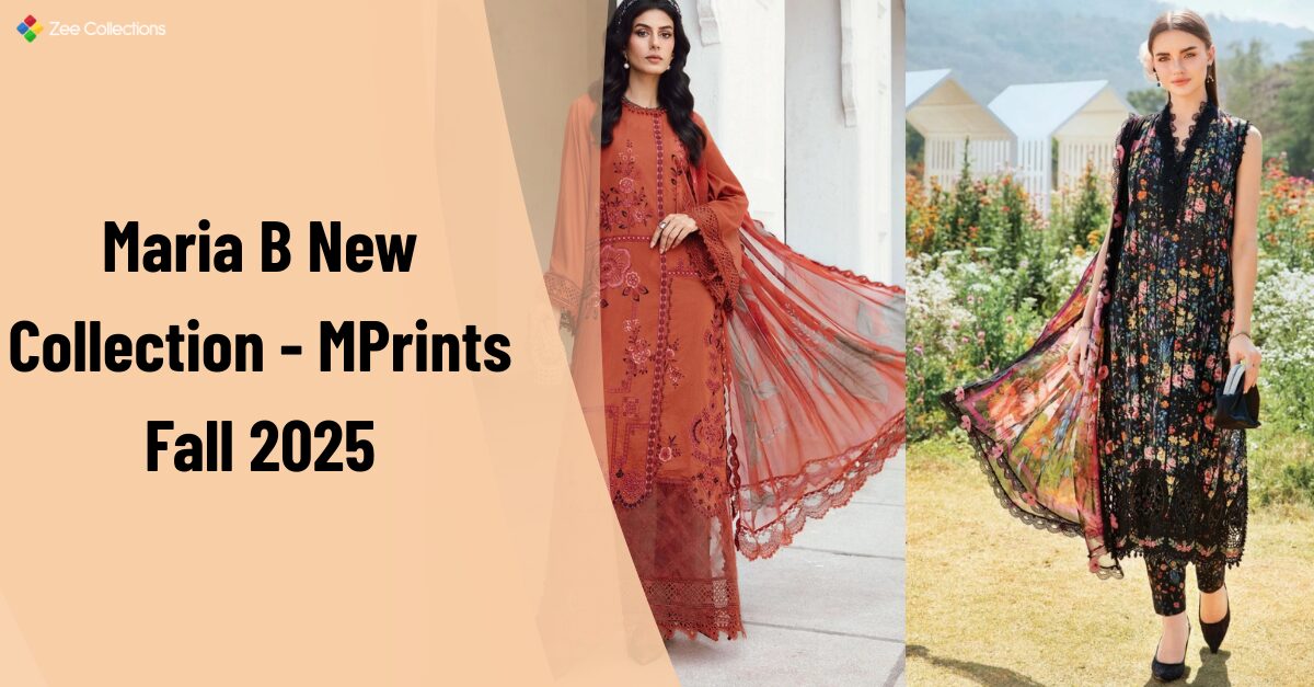 Maria B new collection MPrints Fall 2025 showcasing embroidered linen and cambric suits for UK winter wear.