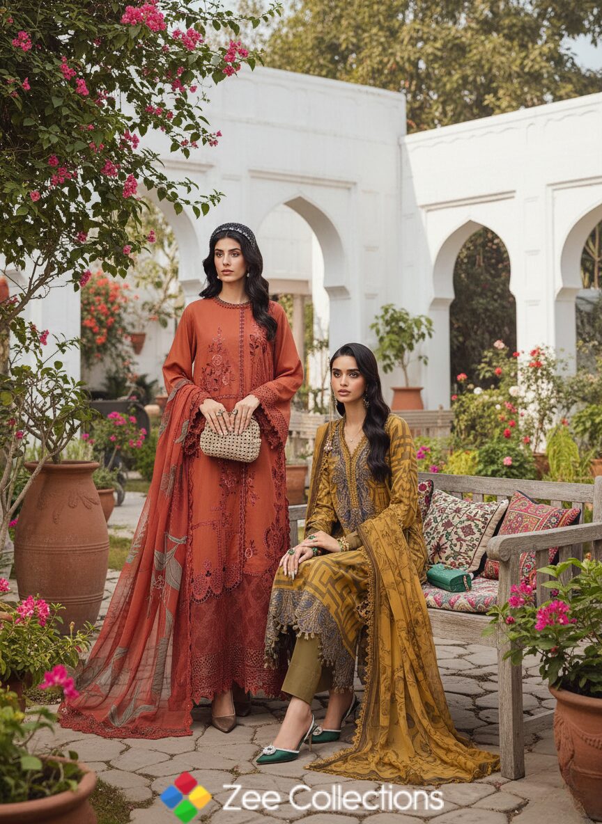 Maria B New Collection - MPrints Fall 2025 2 Two women wearing Maria B new collection 2025, featuring embroidered rust and mustard outfits in a floral garden setting.