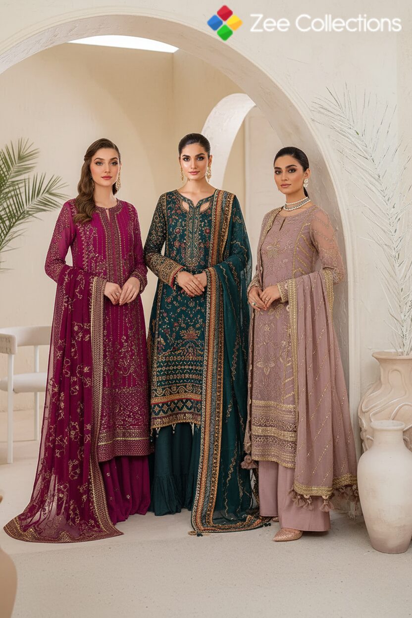 How Do I Choose the Best Pakistani Designer Outfits for Eid in the UK? 1 Elegant Pakistani designer outfits in deep maroon, teal, and mauve shades with intricate embroidery for festive occasions.