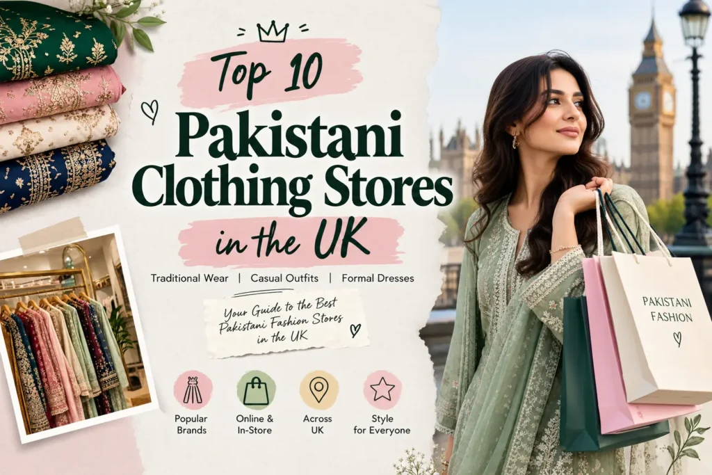 Top 10 Pakistani Clothing Stores in the UK featuring a Pakistani woman in a pastel embroidered outfit, traditional fabrics, and a UK fashion shopping theme.
