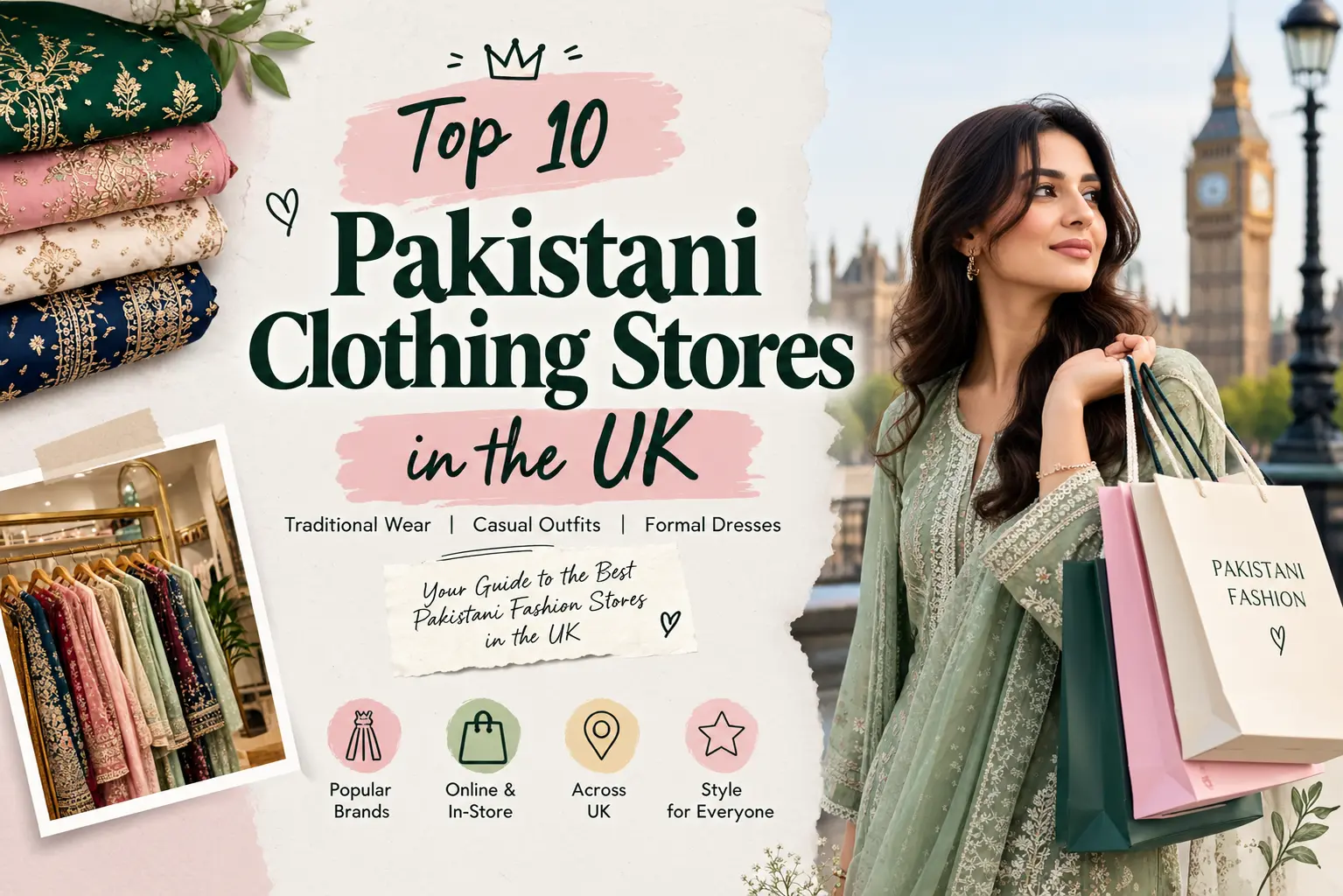 Top 10 Pakistani Clothing Stores in the UK featuring a Pakistani woman in a pastel embroidered outfit, traditional fabrics, and a UK fashion shopping theme.
