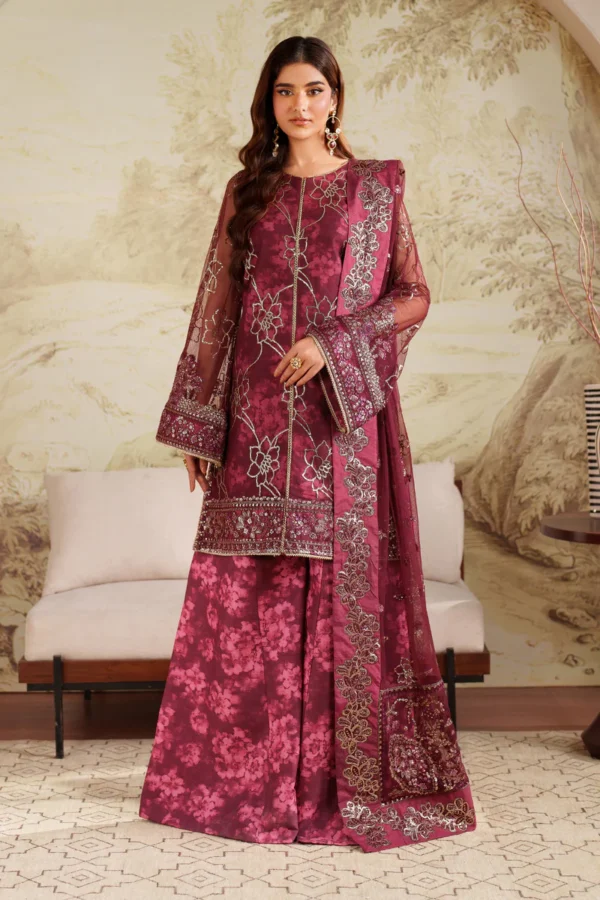 Zarif Zaneera Formals ZRF-ZPE-07 FALEK - Maroon Sequin-Embroidered Net Salwar Kameez for formal or party wear.