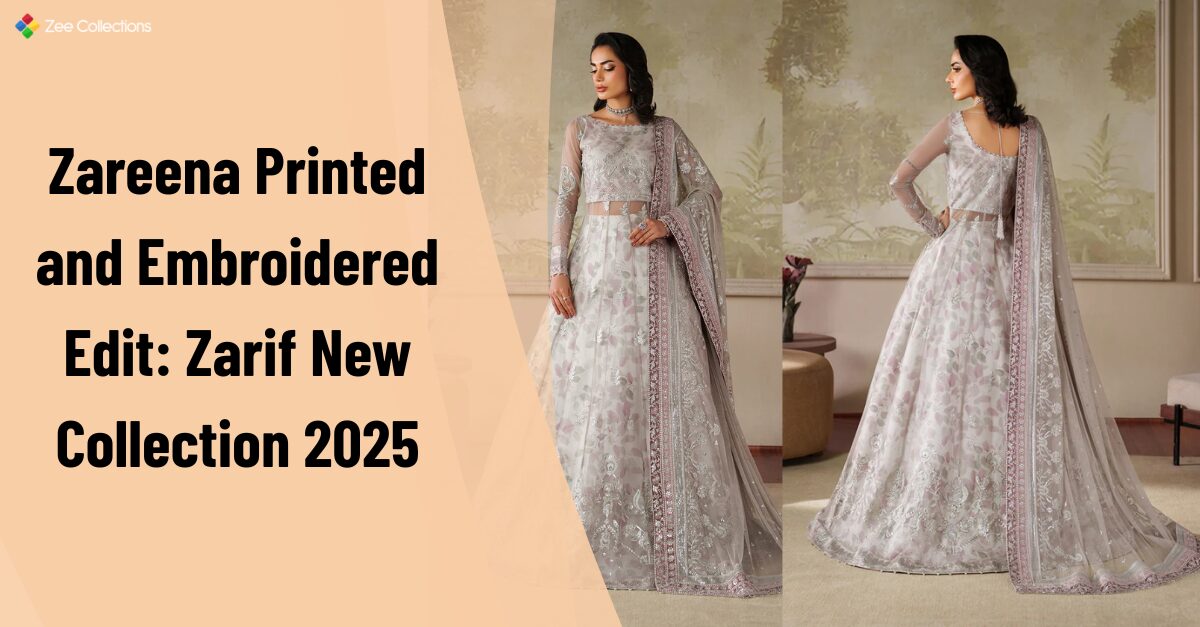 Model wearing pastel embroidered lehenga from Zarif New Collection 2025, featuring floral design and elegant dupatta.
