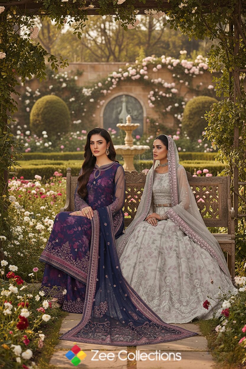 Zareena Printed and Embroidered Edit: Zarif New Collection 2025 2 2 Models wearing elegant embroidered outfits from Zarif New Collection 2025, captured in a floral garden setting.