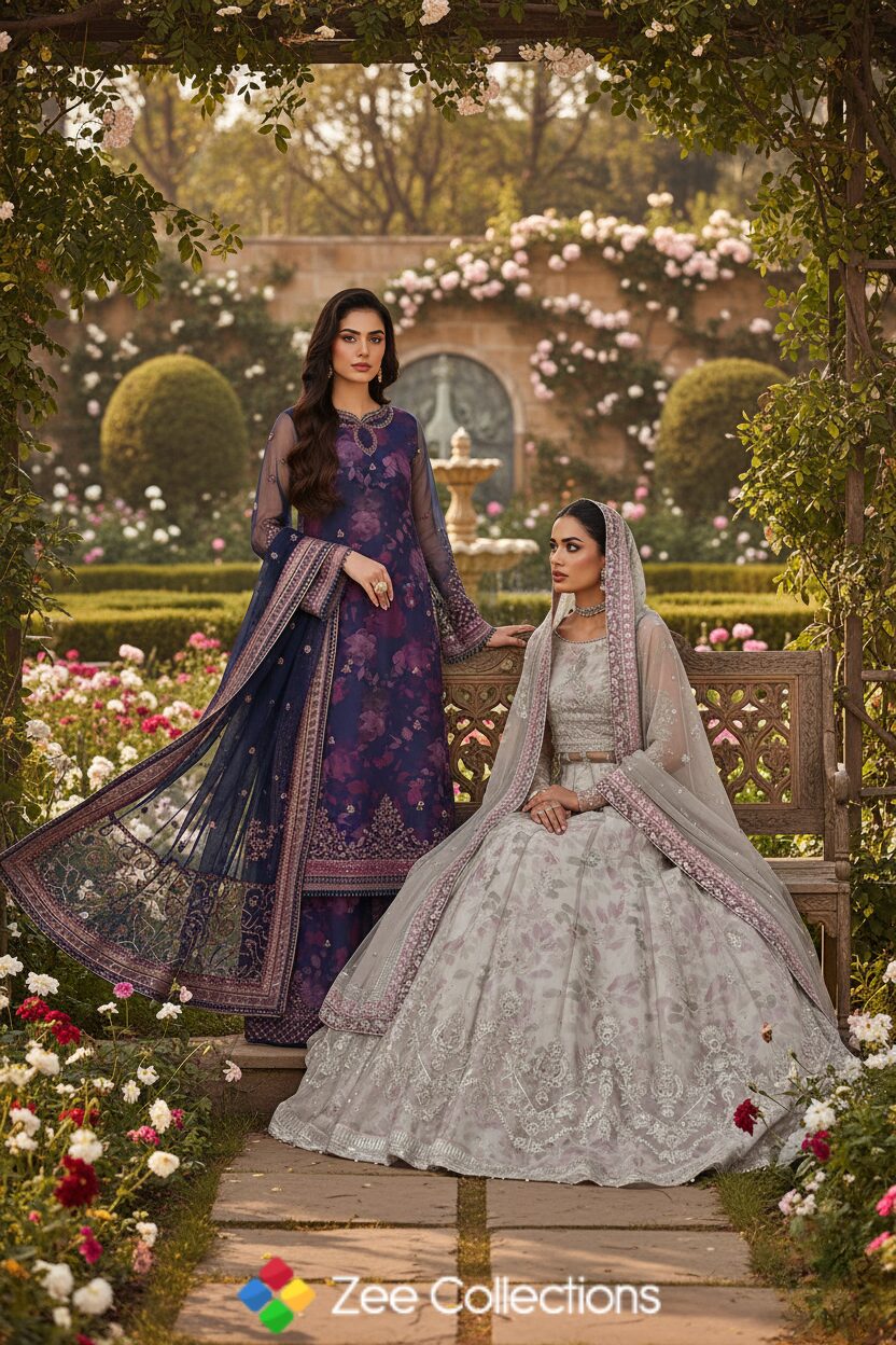 Zareena Printed and Embroidered Edit: Zarif New Collection 2025 1 Models wearing elegant embroidered outfits from Zarif New Collection 2025, captured in a floral garden setting.