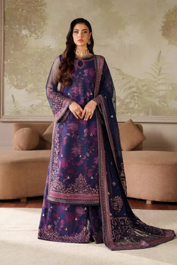 Zarif Zaneera Formals ZRF-ZPE-03 ASRA Printed & Embroidered Net Salwar Kameez in purple, featuring intricate sequins and luxurious embroidery