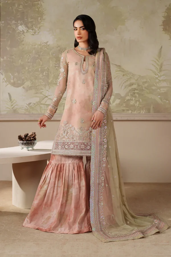 Zarif Zaneera Formals ZRF-ZPE-04 SERIYAH - Peach Sequin-Embroidered Net Salwar Kameez, perfect for formal and party wear.
