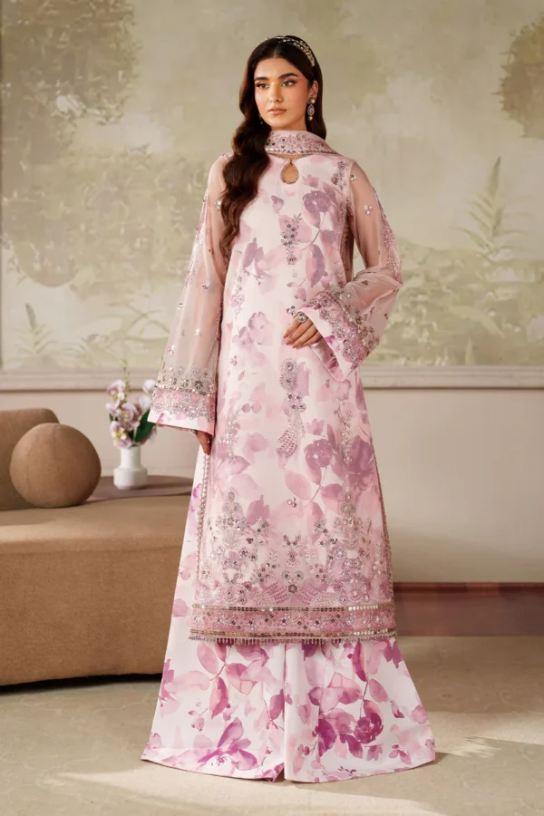 Zarif Zaneera Formals ZRF-ZPE-06 RAHMA - Pink Sequin-Embroidered Net Salwar Kameez, perfect for formal or party wear.