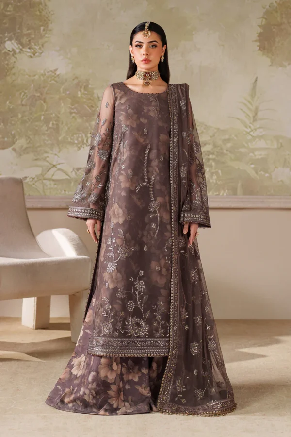 Zarif Zaneera Formals ZRF-ZPE-08 MAHVEER - Purple-Brown Sequin-Embroidered Net Salwar Kameez for formal or party wear.