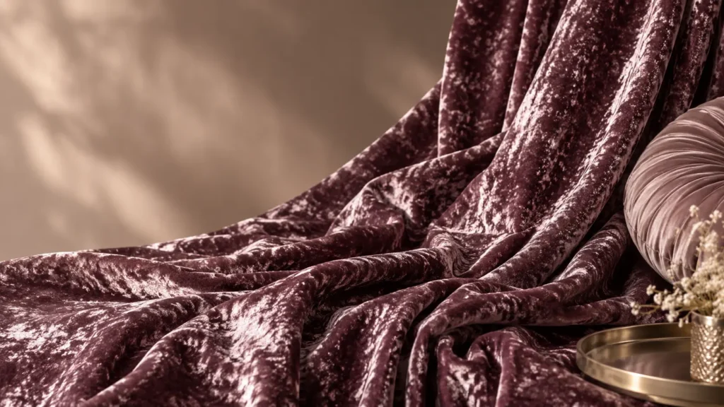 Luxury crushed velvet fabric draped in soft flowing folds, showcasing a rich mauve-purple texture with shimmering highlights and deep shadows.