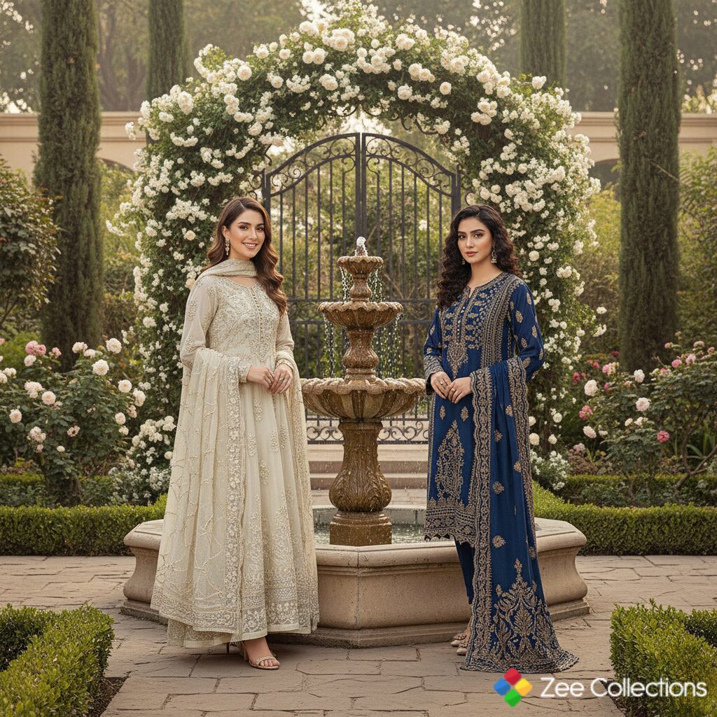 Top Pakistani Clothes UK – Designer Suits, Lawn & Bridal Collections 3 two girls wearing Pakistani clothes uk