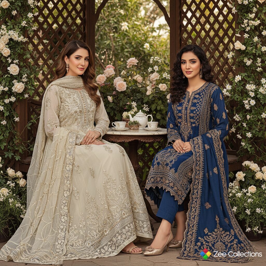 Top Pakistani Clothes UK – Designer Suits, Lawn & Bridal Collections 2 two dirls are dressed in pakistani clothes uk
