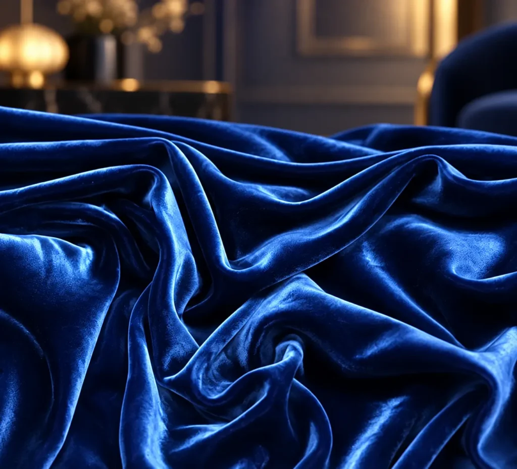 Royal blue silk velvet fabric with smooth flowing folds, silky sheen, luxurious drape, and soft highlights in an elegant modern interior setting.