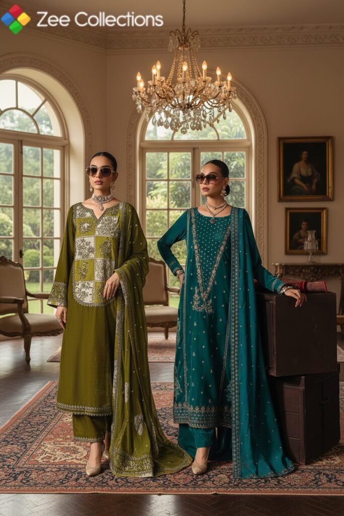 Charizma Signora 2025 unstitched velvet suits in green and teal with intricate embroidery displayed in an elegant interior
