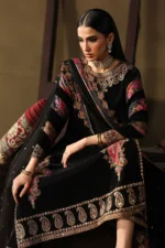 Pakistani winter velvet suit in black with red embroidery and shawl