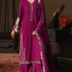 Charizma Signora Premium Velvet Suit CVT5-08 unstitched luxury velvet suit with intricate adda work embroidery and chiffon dupatta — shop now at Zee Collections UK. Pakistani Designer Formal Wear Dresses