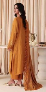 Model wearing Pakistani designer outfit mustard embroidered leather peach suit with jacquard shawl from Dastaan By Riaz Arts | DS-02 winter collection.