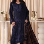 Dastaan By Riaz Arts | DS-03 embroidered leather peach suit with jacquard shawl. Pakistani designer outfit for winter season