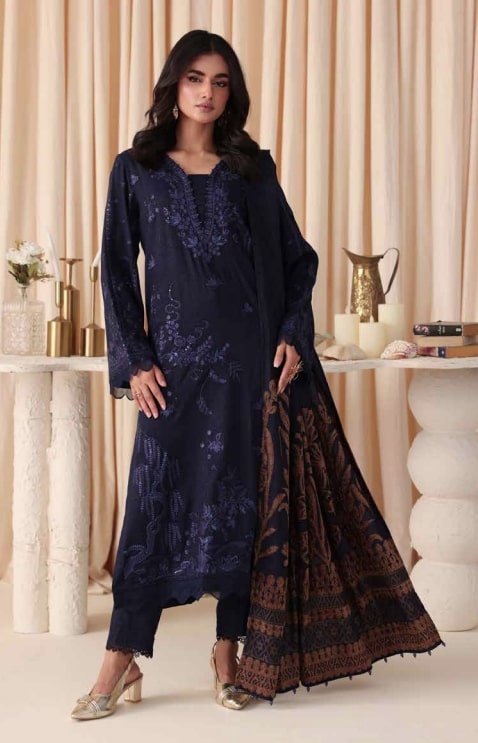 Dastaan By Riaz Arts | DS-03 embroidered leather peach suit with jacquard shawl. Pakistani designer outfit for winter season