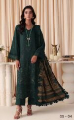 The elegant Dastaan By Riaz Arts | DS-04 showcases premium embroidered leather peach fabric paired with a jacquard shawl, ideal for winter styling in the UK. Perfect for everyday casual and office wear.