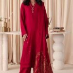 The Dastaan By Riaz Arts | DS-05 unstitched three-piece outfit includes embroidered leather peach fabric and a coordinating jacquard shawl, part of the 2025 Winter Collection.
