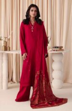 The Dastaan By Riaz Arts | DS-05 unstitched three-piece outfit includes embroidered leather peach fabric and a coordinating jacquard shawl, part of the 2025 Winter Collection.