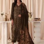 The Dastaan By Riaz Arts | DS-06 unstitched outfit includes embroidered leather peach fabric and a matching jacquard shawl, part of the Winter 2025 collection designed for casual and office wear.