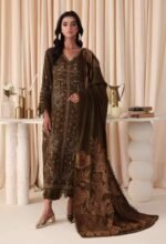 The Dastaan By Riaz Arts | DS-06 unstitched outfit includes embroidered leather peach fabric and a matching jacquard shawl, part of the Winter 2025 collection designed for casual and office wear.
