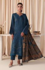 The stylish Dastaan By Riaz Arts | DS-08 features premium embroidered leather peach fabric paired with a jacquard shawl for cosy winter elegance. Perfect for UK office and everyday wear.