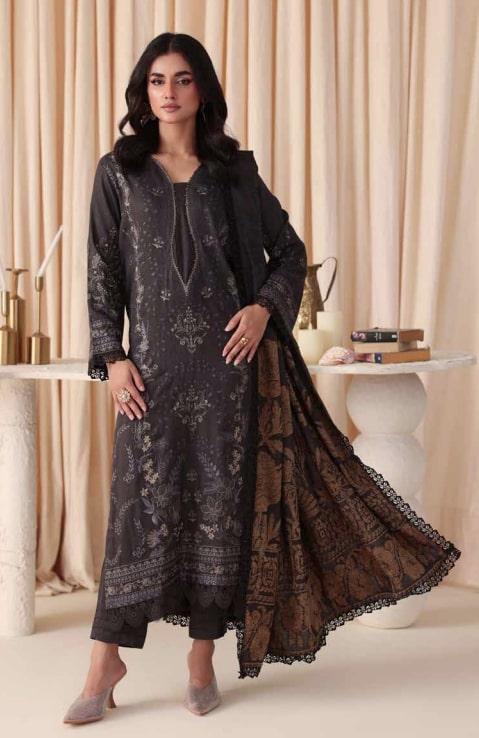 The Dastaan By Riaz Arts | DS-09 unstitched outfit includes embroidered leather peach fabric and a matching jacquard shawl, part of the Winter 2025 collection designed for casual and office wear.