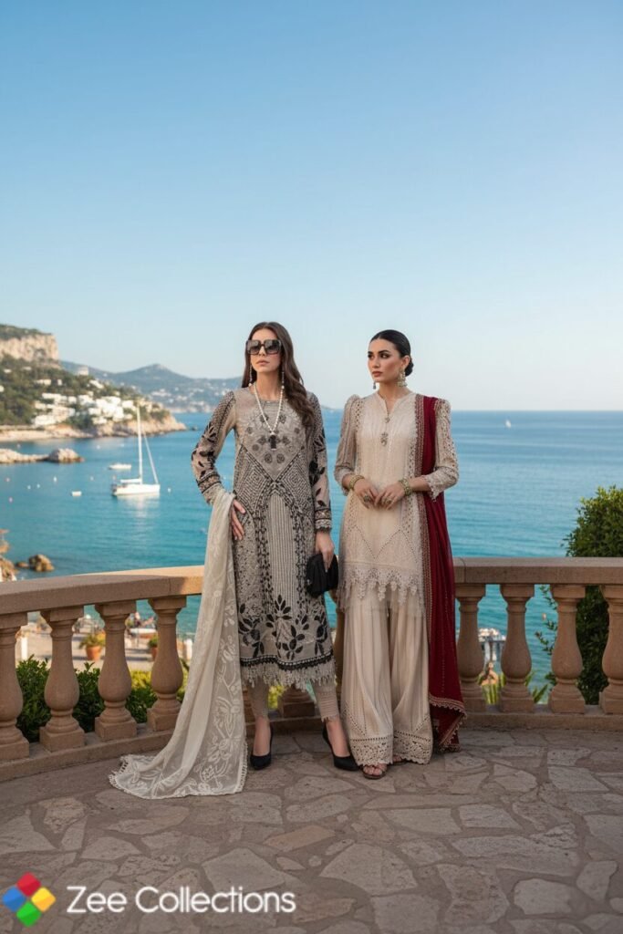 “Two women wearing Maria B Luxe Lawn 2025 embroidered outfits standing on a terrace overlooking a coastal landscape, showcasing luxury Pakistani lawn suits with intricate details, dupattas, and elegant accessories.”