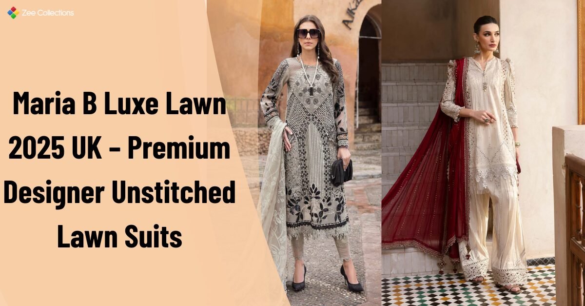 Maria B Luxe Lawn 2025 unstitched suits in black and cream shown with embroidered details and dupattas for premium lawn fashion