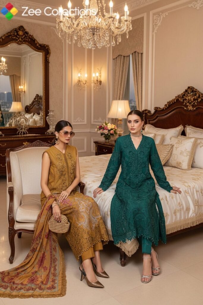 Two girls are wearing Maria B Luxury Eid Lawn 2025 UK sitting in a lux bedroom