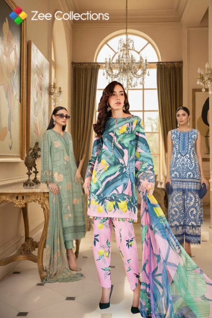Maria B M.Prints Spring Summer 2025 unstitched lawn suits featuring vibrant printed designs in a luxury indoor setting