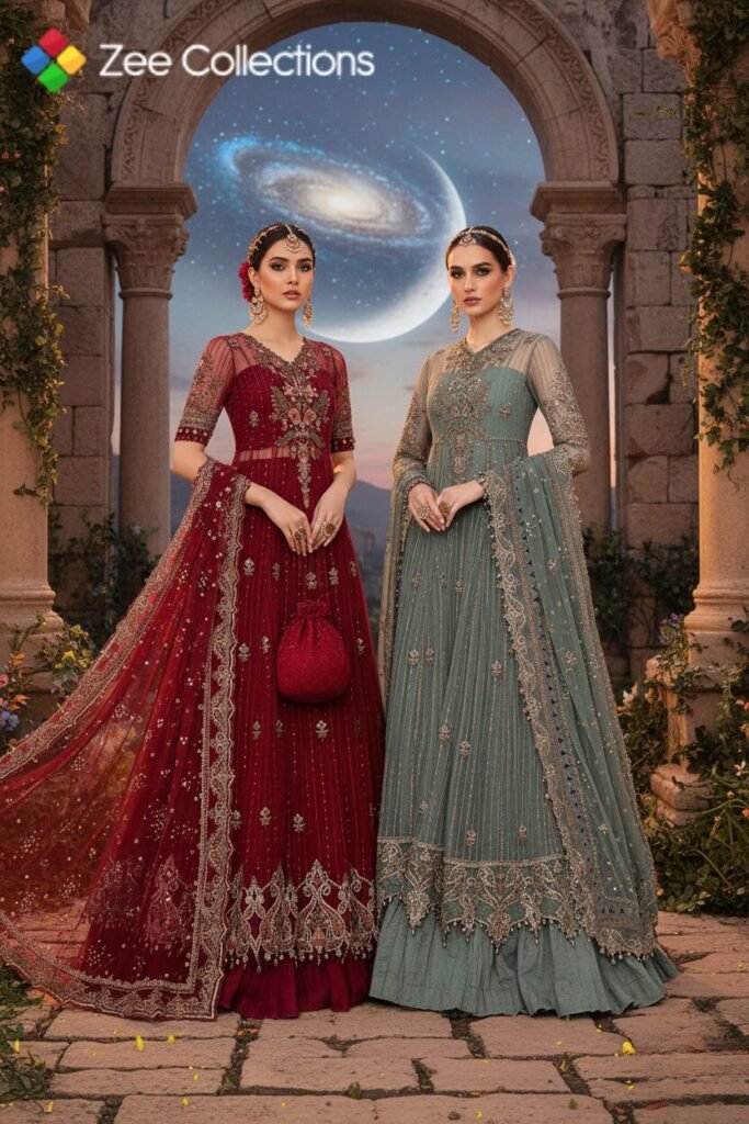 Maria B Voyage A Luxe Lawn 2024 dresses in red and teal with detailed embroidery shown in a garden arch setting for premium fashion display