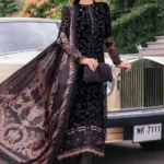 Maria B Winter Luxe 2025 WL-1301 unstitched embroidered velvet & linen suit with printed silk shawl — shop now at Zee Collections UK.