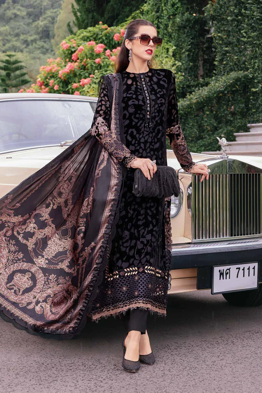 Maria B Winter Luxe 2025 WL-1301 unstitched embroidered velvet & linen suit with printed silk shawl — shop now at Zee Collections UK.