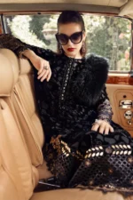 Maria B Winter Luxe 2025 WL-1301 unstitched embroidered velvet & linen suit with printed silk shawl — shop now at Zee Collections UK.